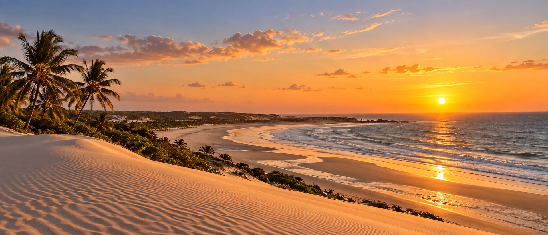 Pôr do sol sobre as dunas e o mar no litoral de Jericoacoara